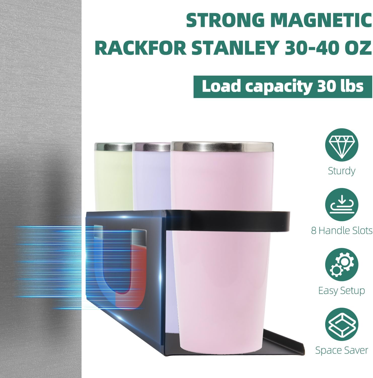 4 Pack Magnetic Cup Holder for Fridge, Magnetic Cup Holder for Stanley Cup 30/40 oz, Water Bottle Organizer Rack with Hooks for Stanley Accessories, Easy Installation