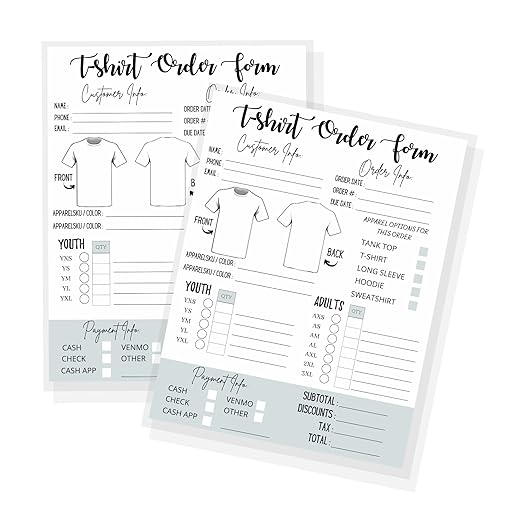 T-Shirt Custom Order Form Hoodie Template Business Invoice | 75 pk | 8.5x11” inches Log Book Printable for Small Businesses, New Orders Vinyl, Decal, Sublimation