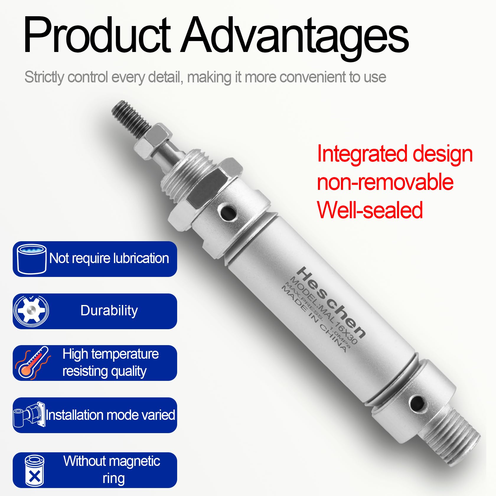 Heschen Pneumatic Slim Air Cylinder, MAL 16-30, M5 Port, 16mm Bore
