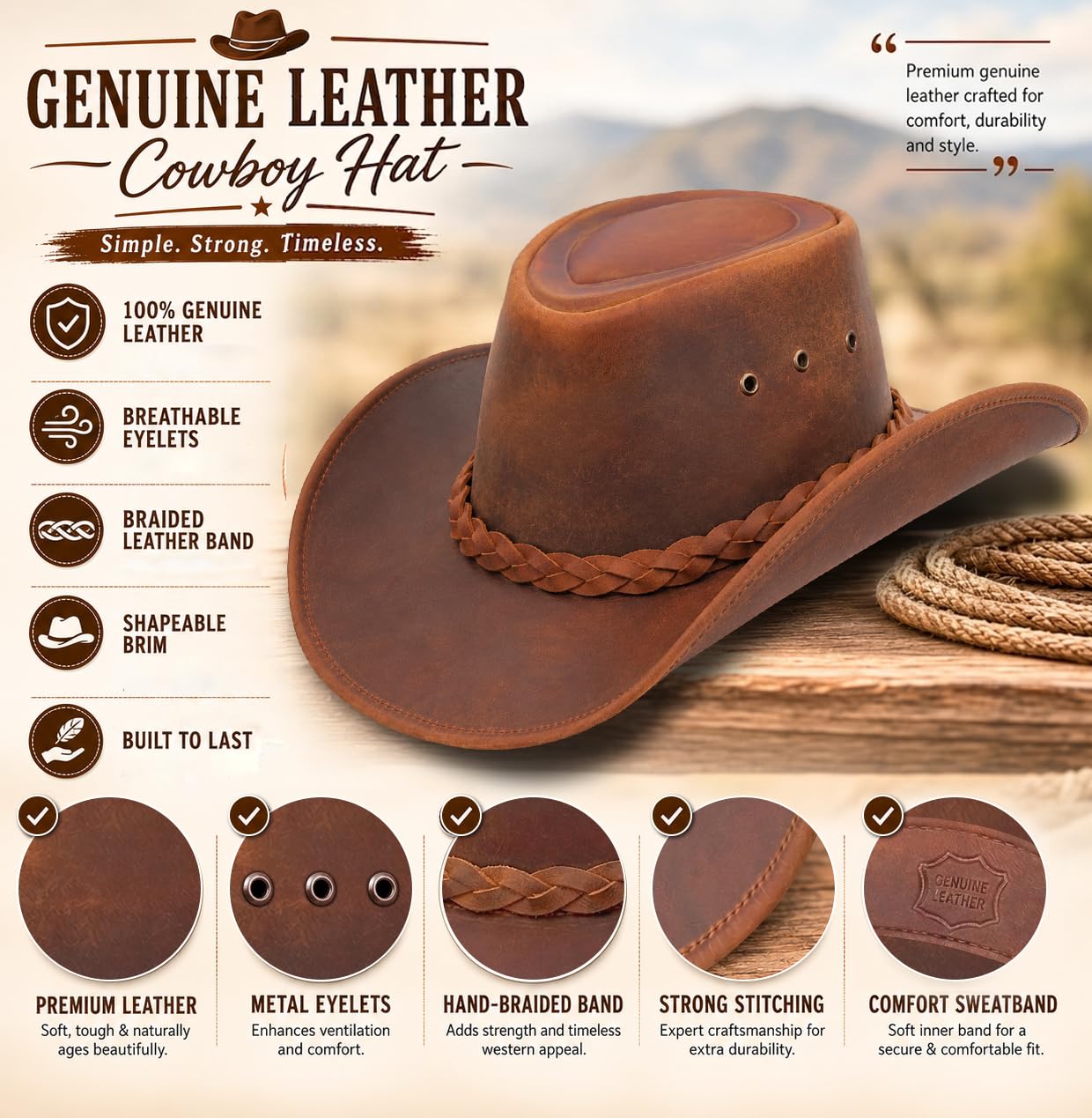 Pamposh Sombrero de vaquero de cuero para hombre, hecho a mano, moldeable, de ala ancha, duradero, sombrero de vaquera