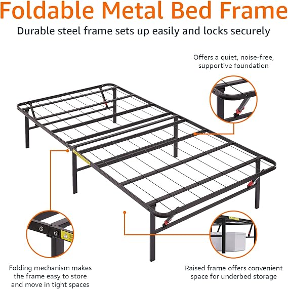 Amazon Basics Foldable Metal Platform Bed Frame with Tool-Free Setup, 14 Inches High, Storage Space, Sturdy Steel Frame, No Box Spring Needed, Twin XL, Black