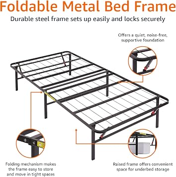 Amazon Basics Foldable Metal Platform Bed Frame with Tool-Free Setup, 14 Inches High, Storage Space, Sturdy Steel Frame, No Box Spring Needed, Twin XL, Black