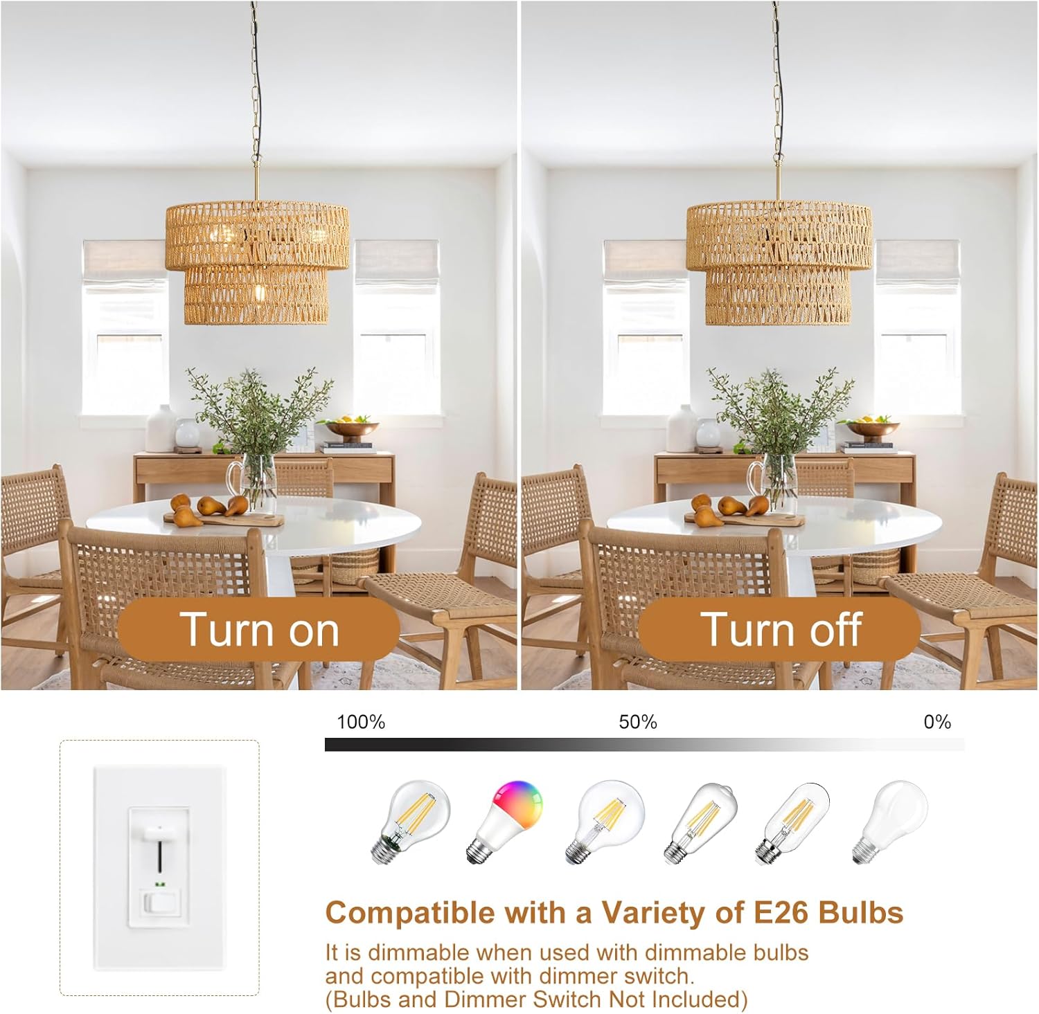 13.3'' Rattan Chandelier for Dining Room, Boho Pendant Lights Kitchen Island with Drum Hand Woven Wicker Shade, Farmhouse 2-Tier Golden Hanging Ceiling Light Fixtures for Entryway Living Room Foyer