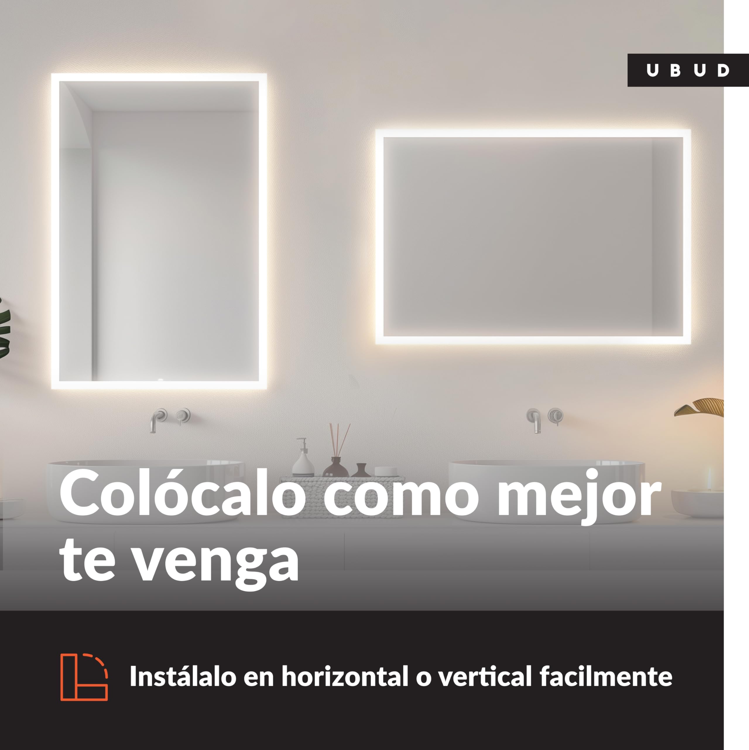 UBUD Espejo de Baño con Luz LED, Rectangular 120x80 cm, Marco Negro Mate - Antivaho, Regulable y 3 Colores de Luz, Memoria, IP44, Vidrio Anti-Estallido, Maquillarse/Afeitarse