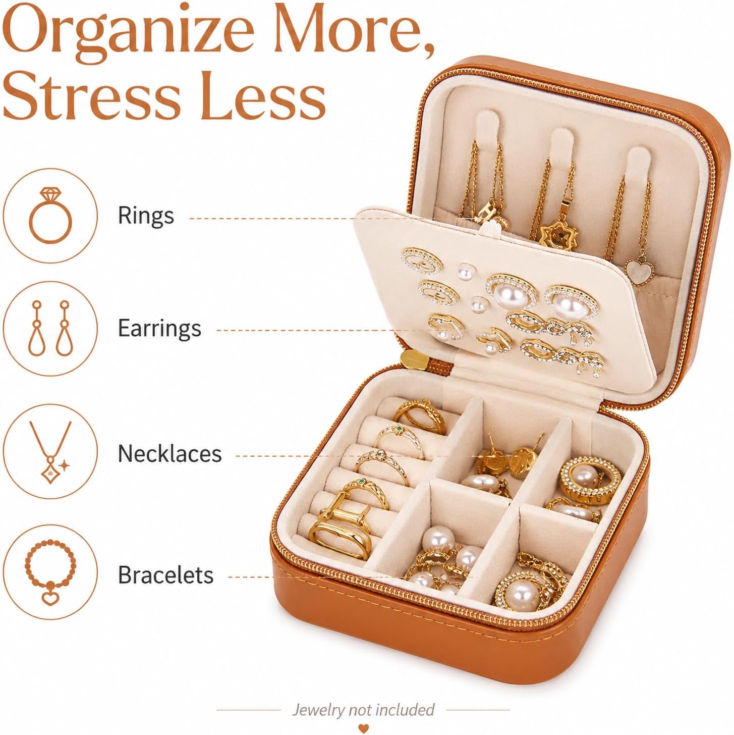 Travel Jewelry Box, PU Leather Small Jewelry Organizer for Women Girls, Portable Mini Travel Case Display Storage Holder Boxes for Stud Earrings, Rings, Necklaces (Brown)