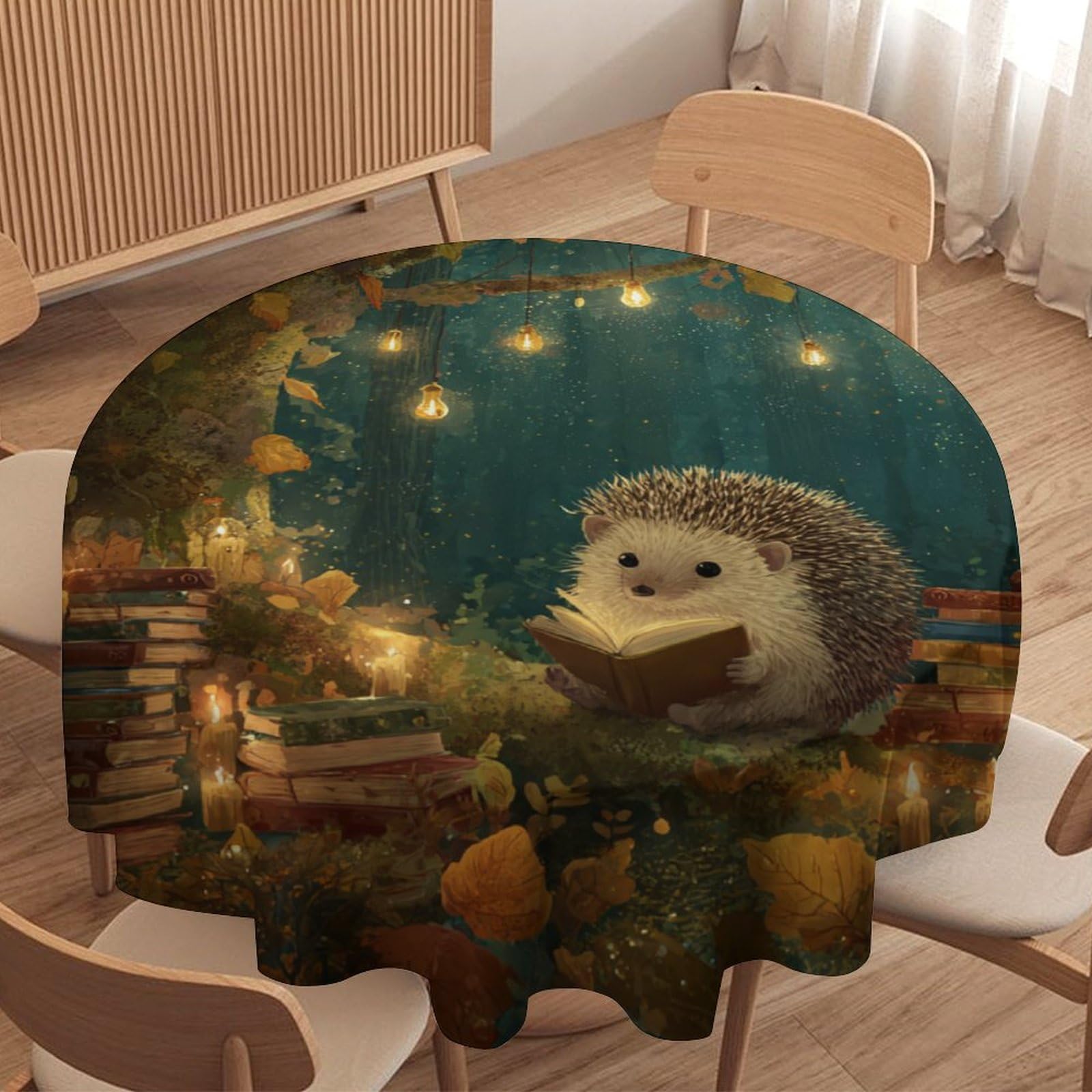 LUYYSKY Cute Cartoon Hedgehogs Round Tablecloth Modern Funny Plants Trees Animals Hedgehogs Books Pattern Washable Decor for Table Cover for Kitchen-177.8" Wx177.8 L cm