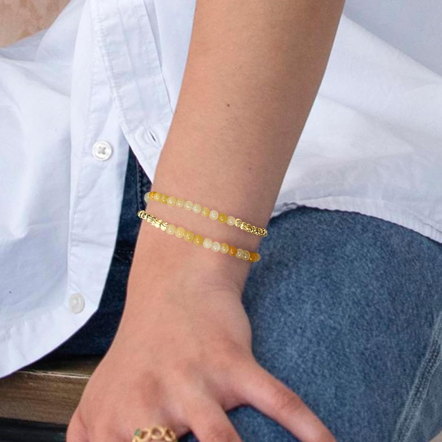 Gold Beaded Gemstone Bracelets for Women, Topaz Aquamarine Garnet Lapis Lazuli Malachite Bracelets, Dainty Stackable Stone Beaded Bracelets with Adjustable Chain, 14K Gold Plated Boho Layered Bracelets - Image 3