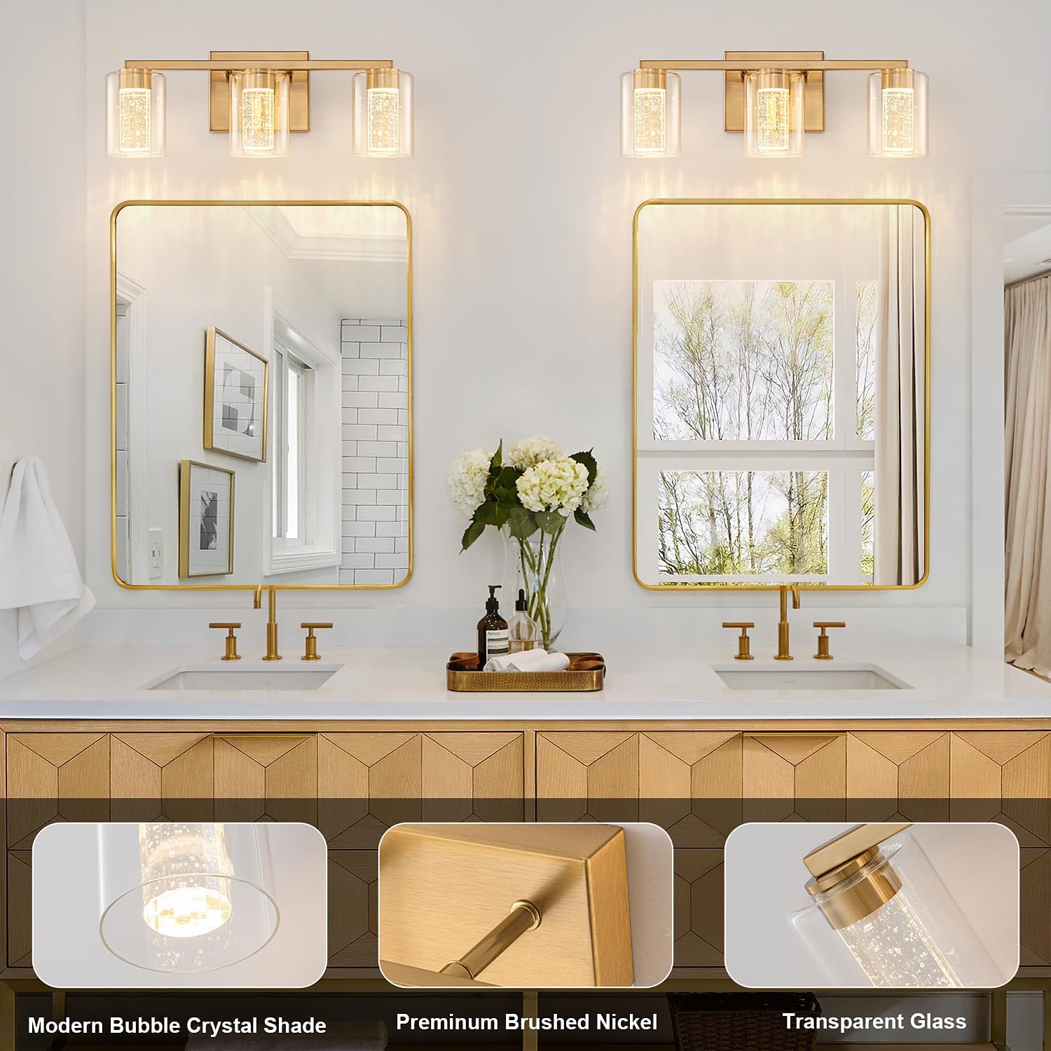 SineRise 3-Light Gold Vanity Light with 3 Color Modes (3000K/4000K/6000K), Eye Protection LED Bathroom Light Fixture, Dimmable Modern Wall Light Over Mirror with Clear Glass Shade