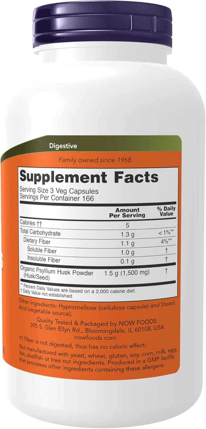 NOW Supplements, Psyllium Husk Caps 500 mg, Non-GMO Project Verified, Natural Soluble Fiber, Intestinal Health, 500 Veg Capsules : Health & Household