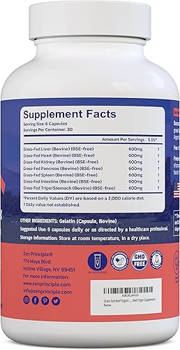 Miniatura 3 de Zen Principle Órganos de carne alimentada con pasto hígado desecado, corazón, riñón, páncreas, bazo, intestino, tripeestómago. Suplementos