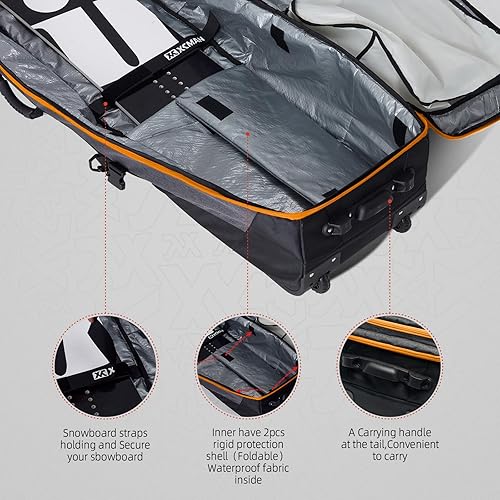 Miniatura 3 de XCMAN Bolsa de snowboard con ruedas, longitud ajustable, extra larga/ancha/profunda, impermeable, con varillas de protección 140L Naranja