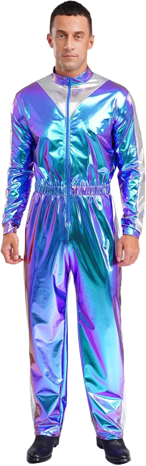 Mens Sparkly Shiny Outer Space Alien Astronaut Theme Party Cosplay Costume Long Sleeves Jumpsuit