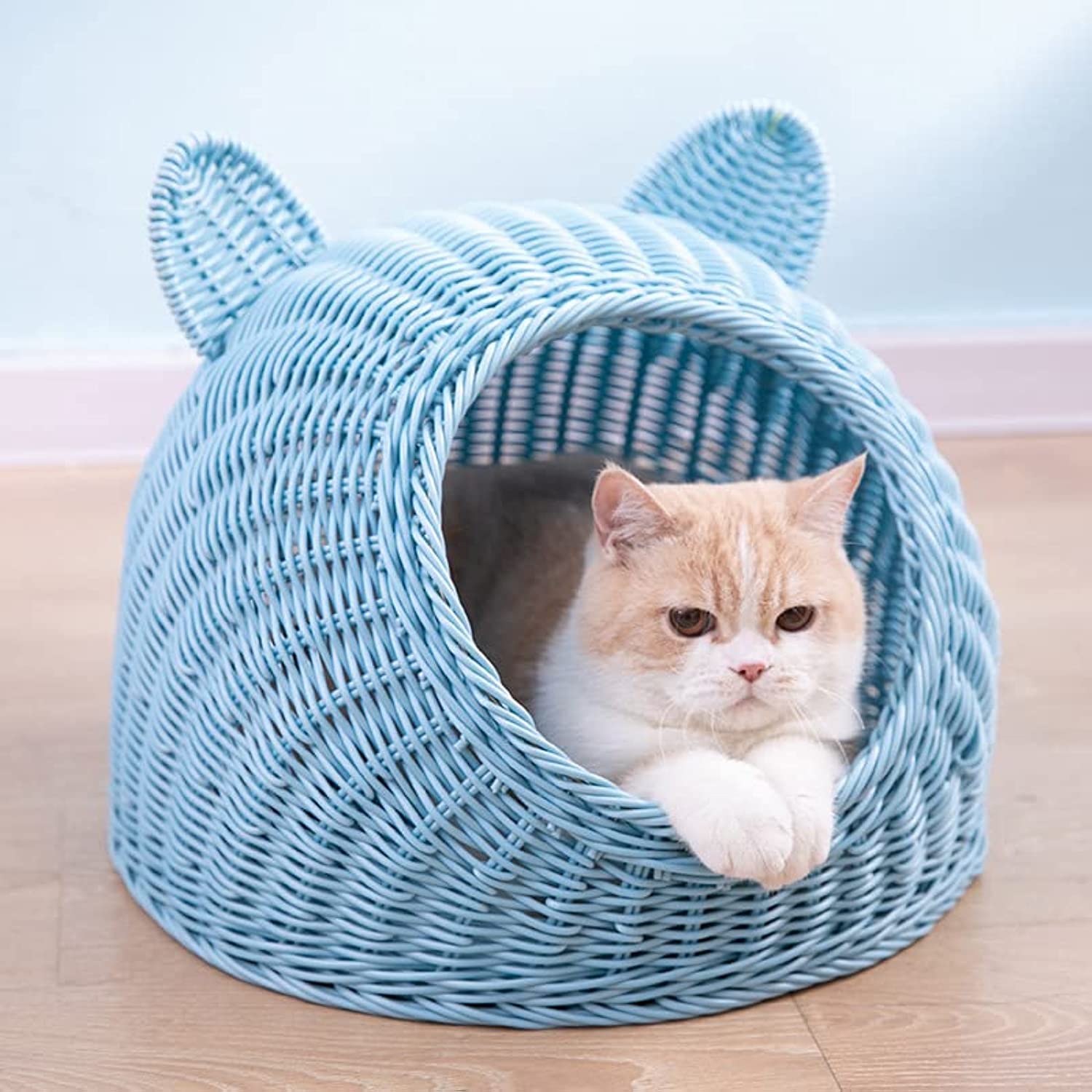 Creative Rattan Cat House With Cushion,Covered Modern Cute Cat Bed,Hideaway Hut Of Rattan Cave,Pet Nest All Season Cats Bed Simple Breathable Pet Nest (Blue)