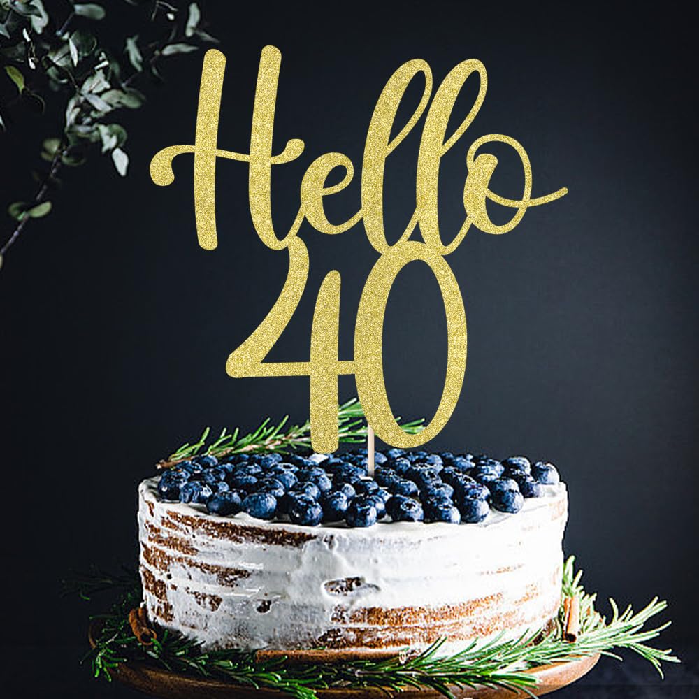 Tortenaufsatz „Hello 40“ In Gold – Mit Glitzer & Schriftzug „Forty And Fabulous“, 15,5 X 15,9 Cm, Für 40. Geburtstag Oder Jubiläum
