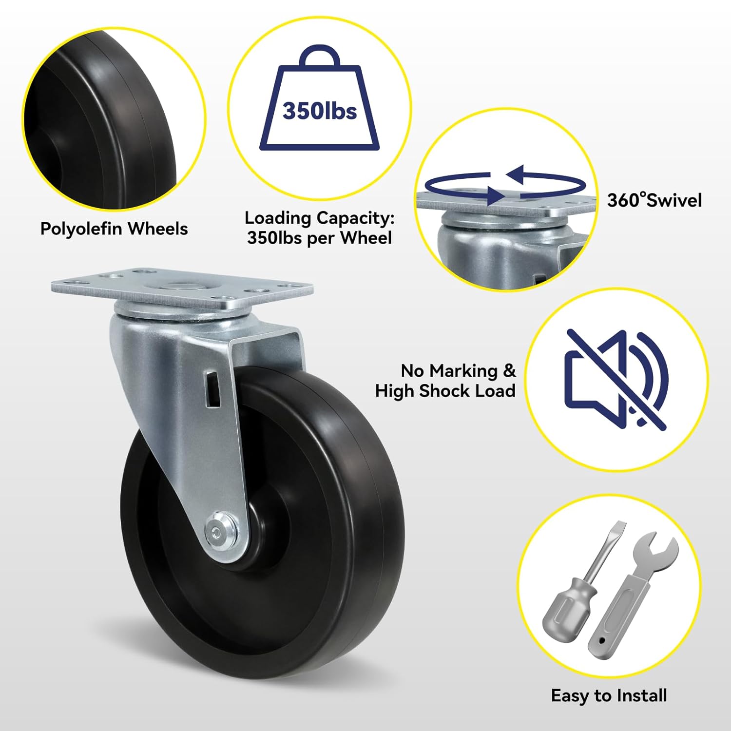 5" Casters, Heavy Duty Casters Set of 4 with Load 1400lbs Capacity, Polyolefin Caster Wheels for Cart Furniture (4 Swivel)