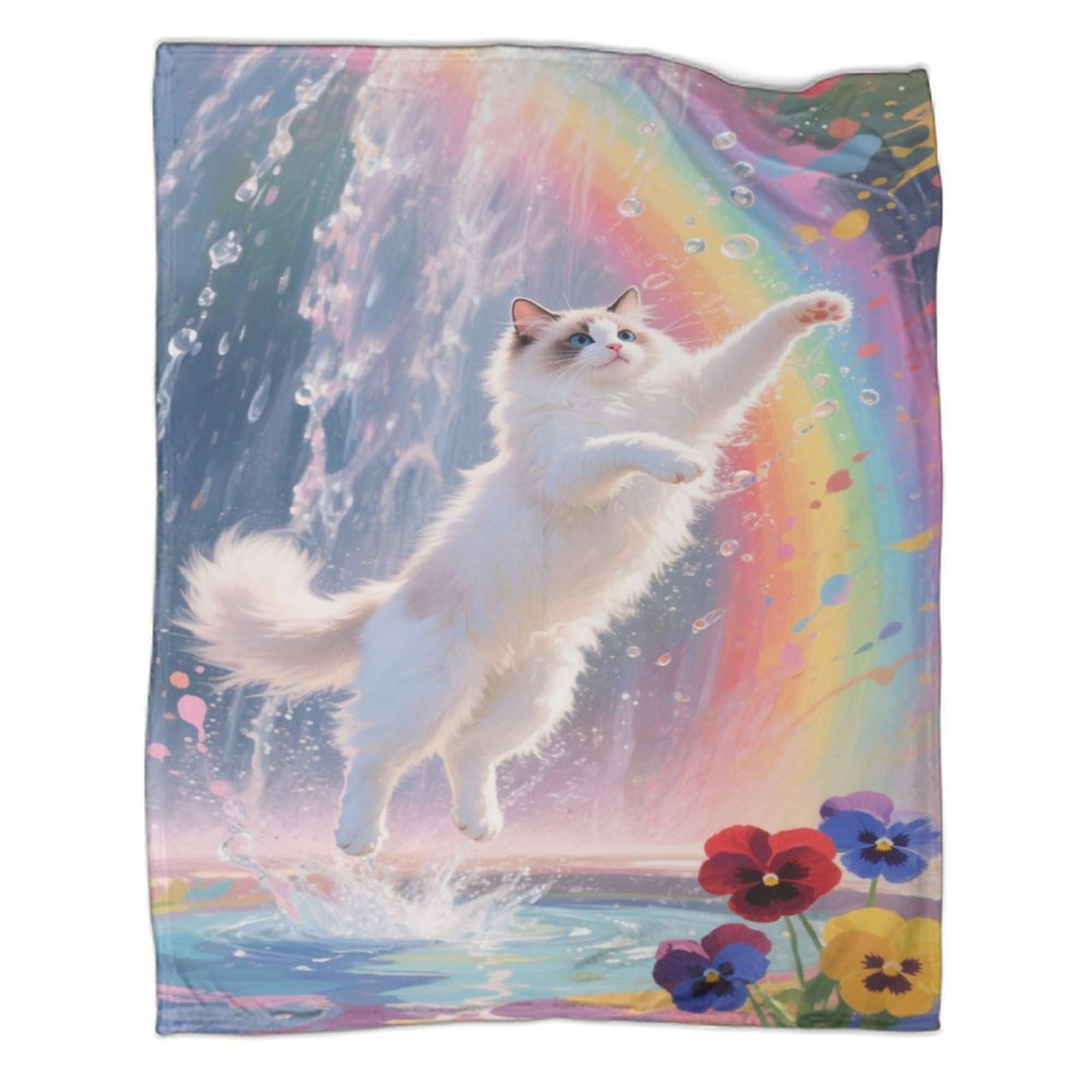 Couverture chat Ragdoll polaire grand format 180x200 cm au motif cascade arc-en-ciel