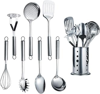 Stainless Steel Kitchen Utensil 7 Piece with 1 Stand, Slotted Tuner, Ladle, Skimmer, Serving Spoon, Pasta Server,Potato Maseher, Egg Whisk. Kitchen Tool Set. Kitchenware with Holder.