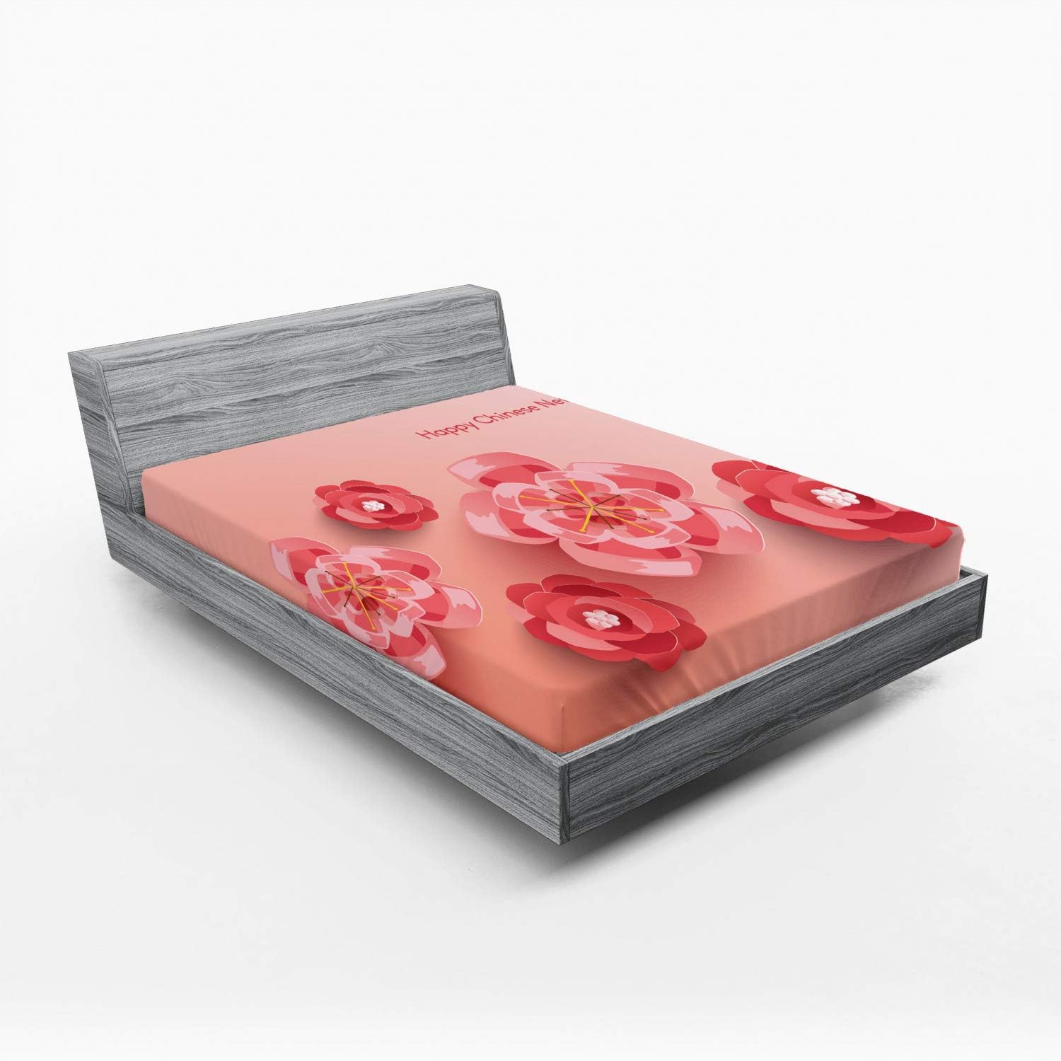Ambesonne Chinese New Year Fitted Sheet, Blossoming Ornamental Flowers in Pinkish Colors Zodiac Theme, Bed Cover with All-Round Elastic Deep Pocket for Comfort, Full Size, Coral and Dark Coral