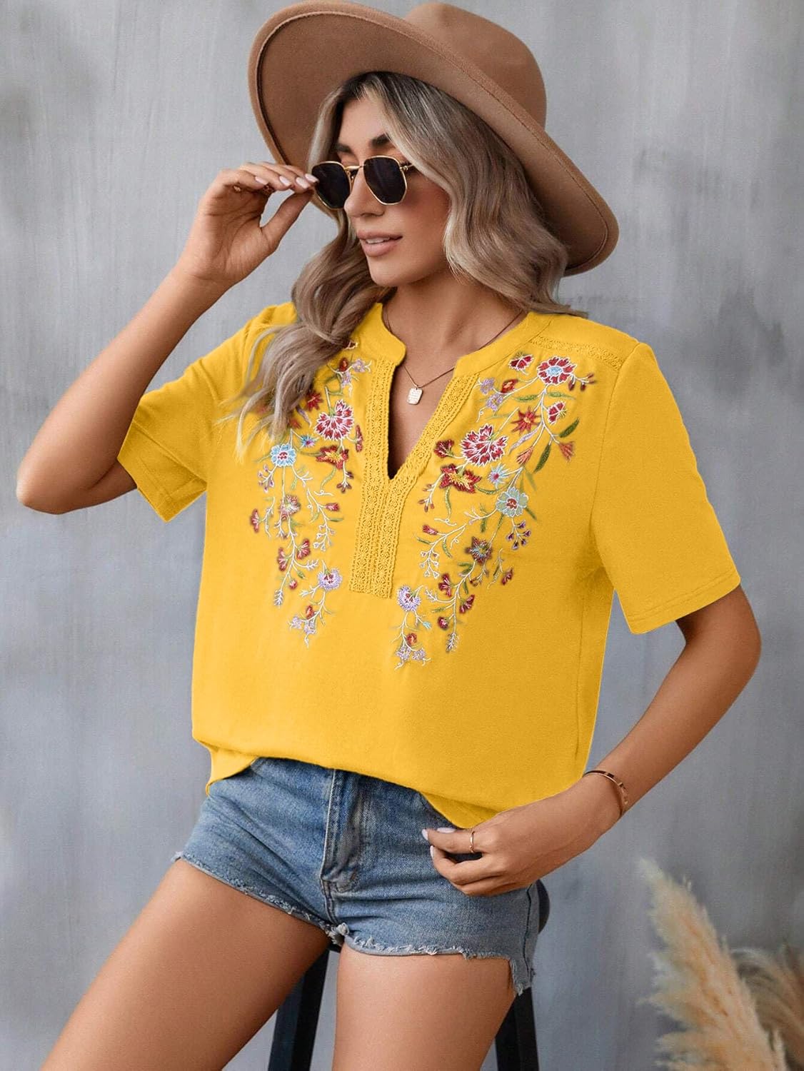 Mexican Shirts for Women Embroidered Tops Traditional Summer Blouse Floral Tunic V Neck Short Sleeve T Shirt Yellow - Image 3
