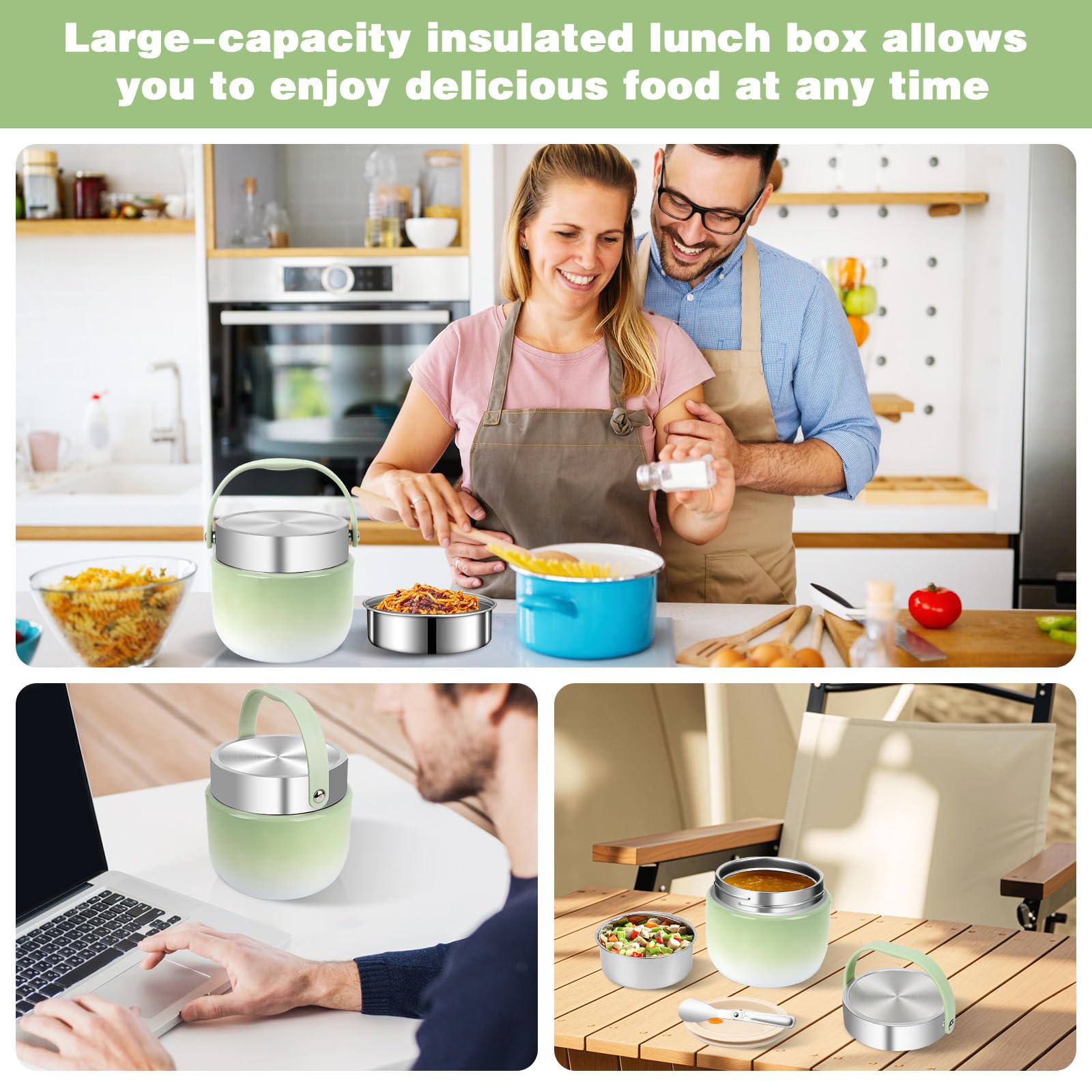 Contenitore termico per alimenti 1200 ml, scaldavivande in acciaio inossidabile 304, contenitore termico per alimenti, thermos resistente agli schizzi con coperchio, cucchiaio e sacchetto