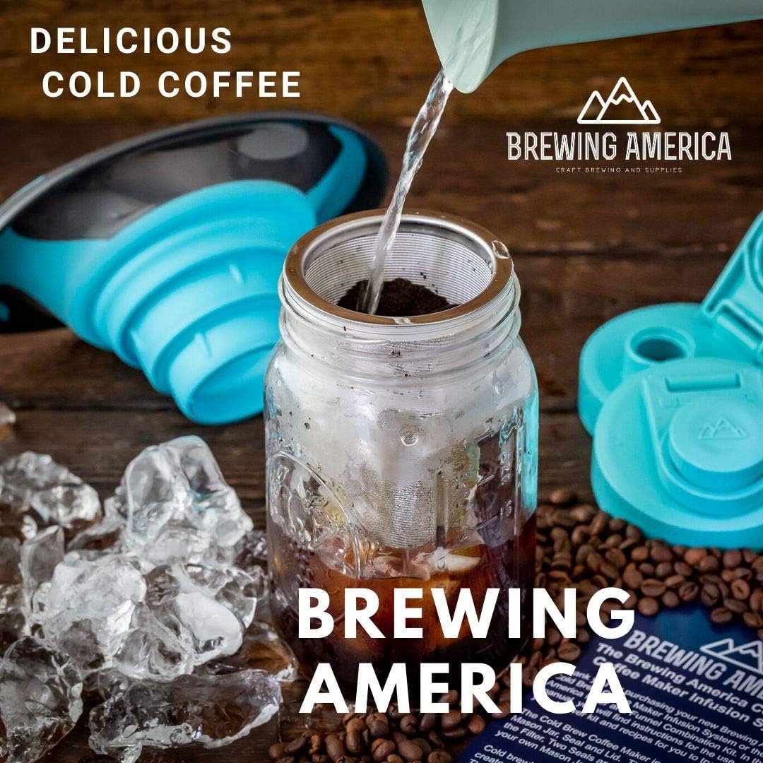 Brewing America Cold Brew Filter for Mason Jar Wide Mouth Coffee Maker, UPGRADED Stainless Steel Mesh with Silicone Seals 2 Quart (64 Ounces)
