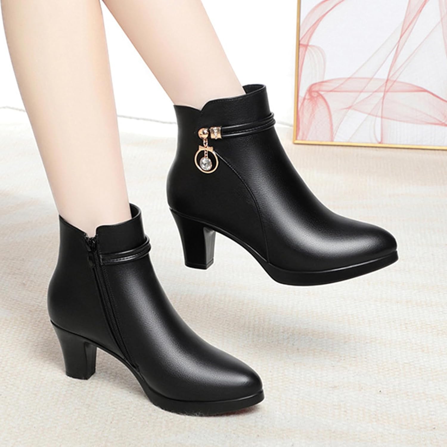 Fashion Women's Black Wedge Heel Ankle Booties Soft Leather Platform Side Zipper Sparkling Rhinestones Winter Warm Fur Lined Thickening Snow Boot