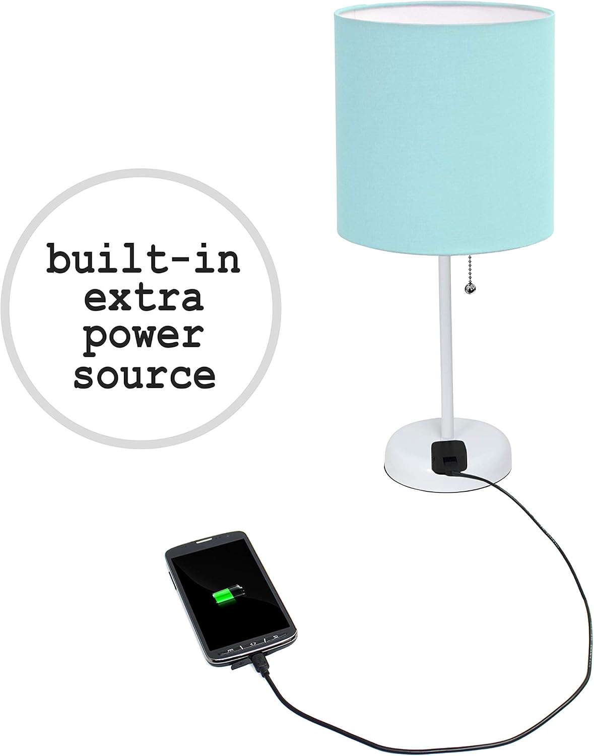 Simple Designs LT2024-AOW White Stick Table Desk Lamp with Charging Outlet and Drum Fabric Shade, Aqua