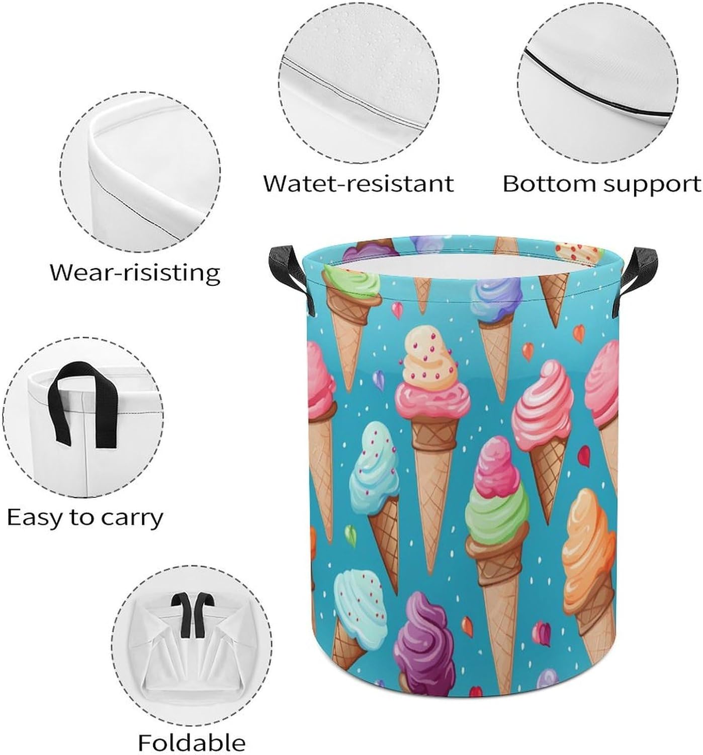 Colorful Ice Cream Novelty Collapsible Laundry Baskets Waterproof Clothes Hamper Storage Bins with Handles 13.8"x13.8"x17.3" 17.3"x17.3"x17.3"