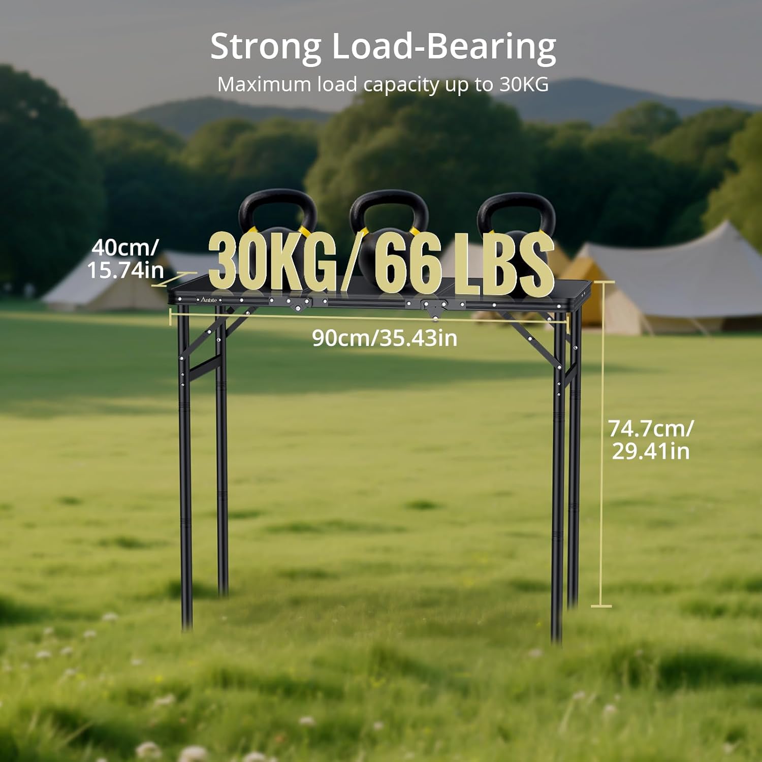 Anbte 3ft Tri-fold Camping Table Max 29.5", 3 Adjustable Heights Aluminum Folding Camping Table with Storage Bag, Lightweight, Portable Handle for Travel Outdoor Beach Picnic, 35" x 16", Black