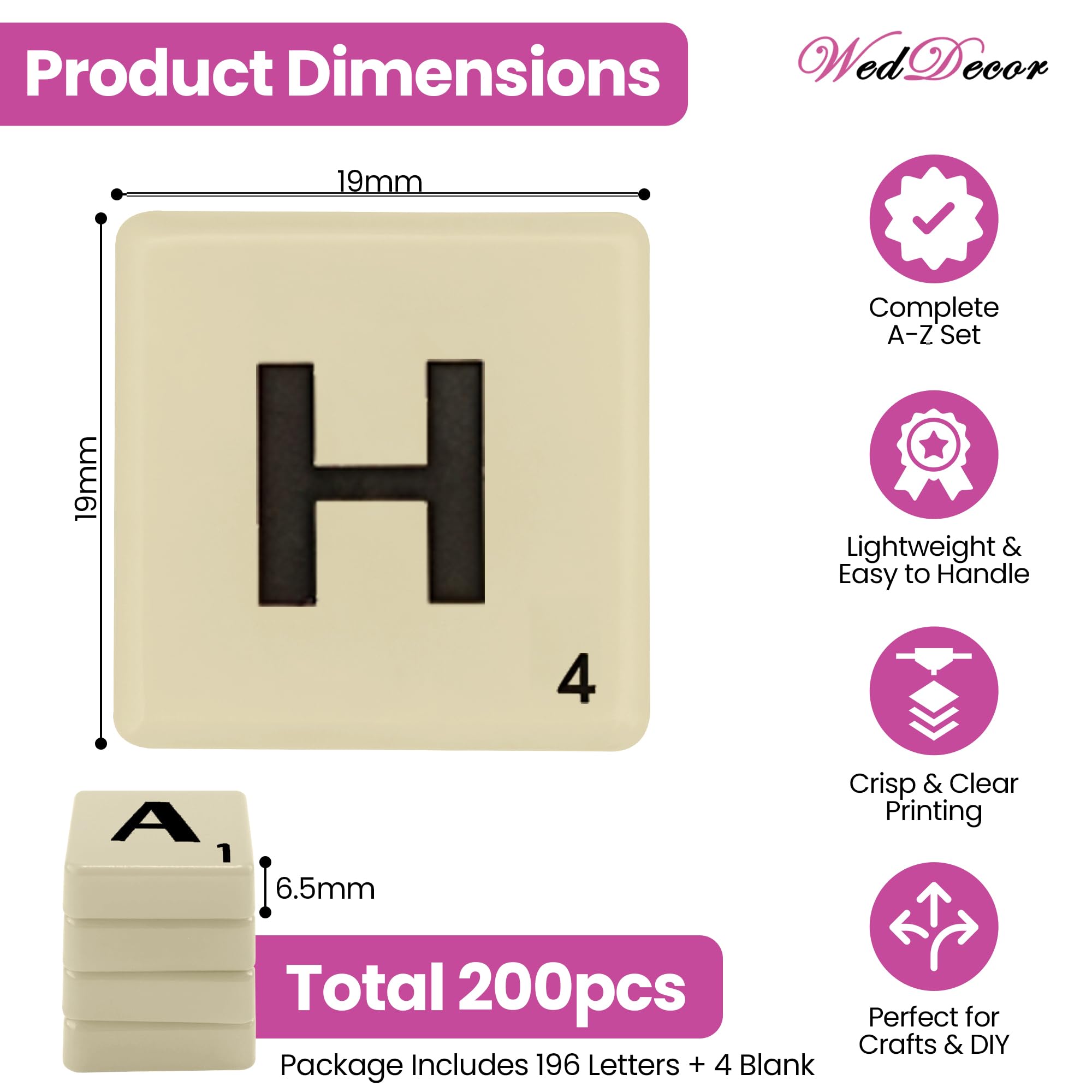 WedDecor 200pcs Plastica Alfabeto Lettera Piastrelle per Lavori Creativi, Completo a-Z E Numero Stampato Arte Cornici, Scrapbook, Fai da Te Project, Spelling, Casa Décor,