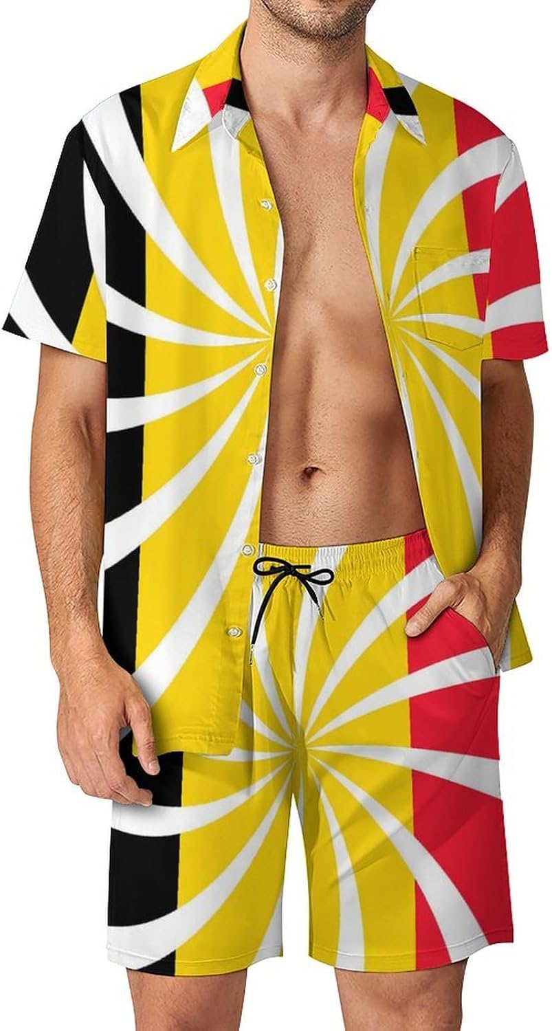 Swirl Belgium Belgian Flag Men's Summer Beach 2 Piece Outfits | hawaiian button down shirt and shorts,vacation cruise,mens bathing suit