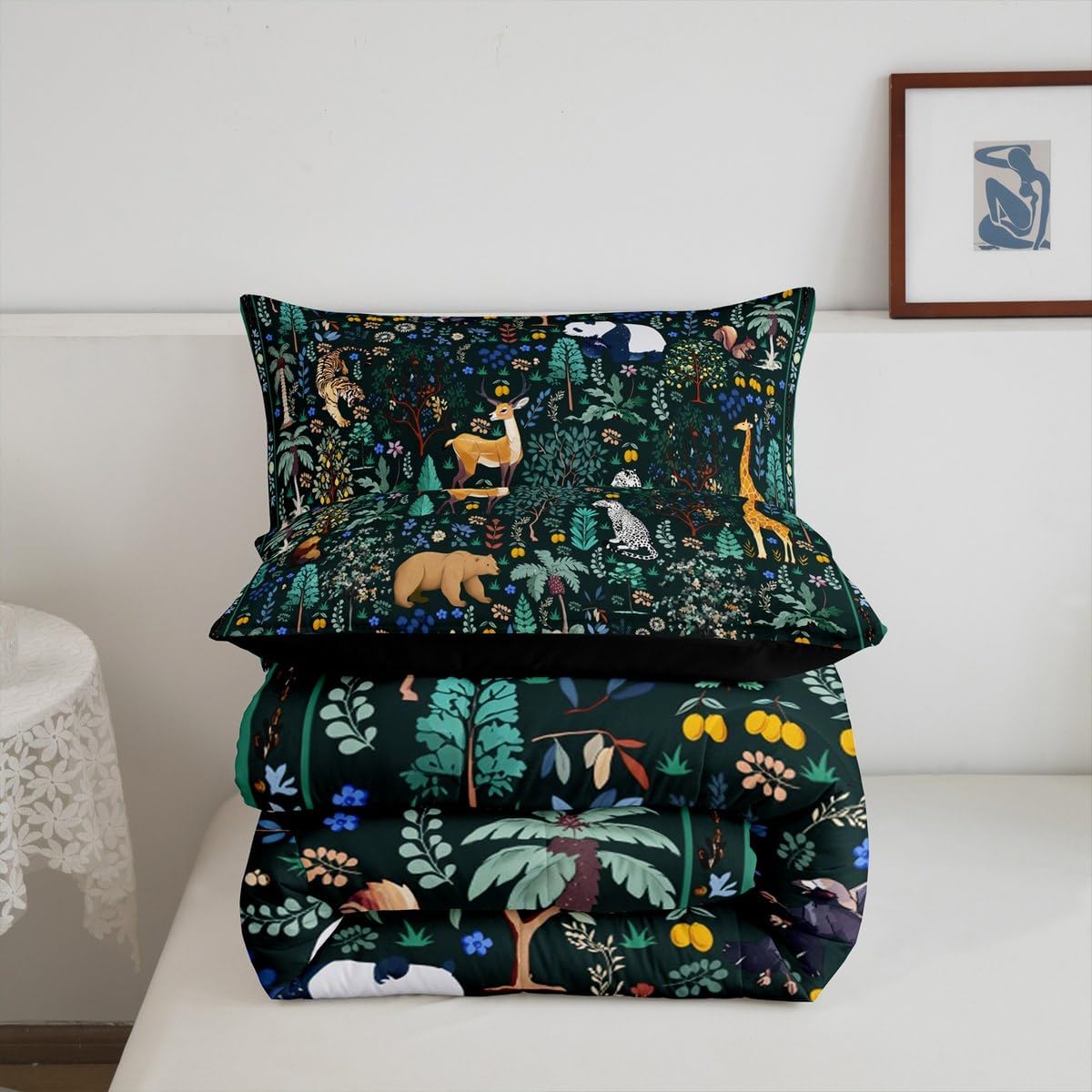 Feelyou Jungle ding Set for Kids Boys Girls Cabin Bear Tiger Deer Elephant Duvet Quilt Twin Size Cute Pada Leopard Woodland Green Botnaical Comforter Set with 1 Pillow Case Wild Animals Black 2Pcs