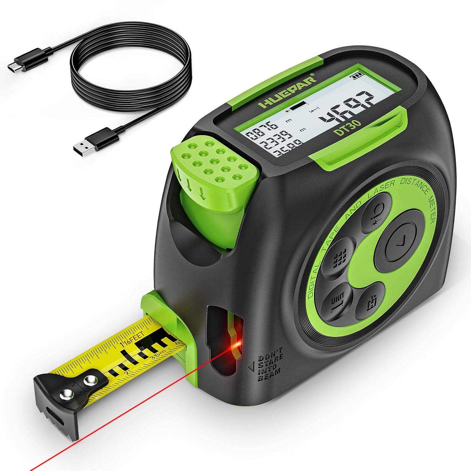 Huepar 2-in-1 Laser Tape Measure, 197Ft Rechargeable Laser Measurement Tool & 16Ft. Measure Tape with Movable Hook -Pythagorean, Area, Volume, Ft/Ft+in/in/M Unit Digital Distance Meter, Gift for Dad
