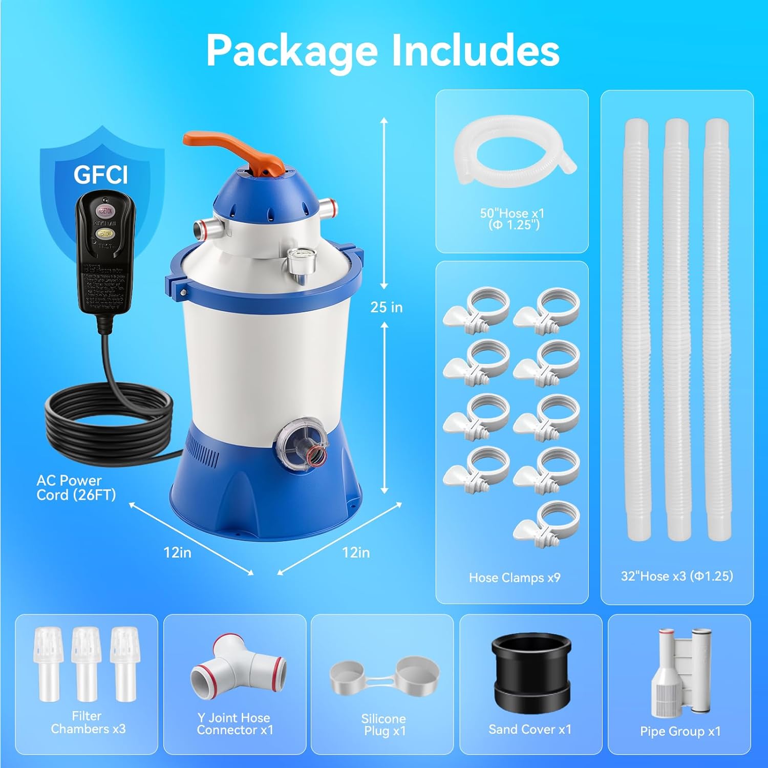 1000 GPH Pool Sand Filter Pump for Above Ground Pools, Energy-Saving & Low Noise - 6-Way Valve - ETL Certified & GFCI Protected