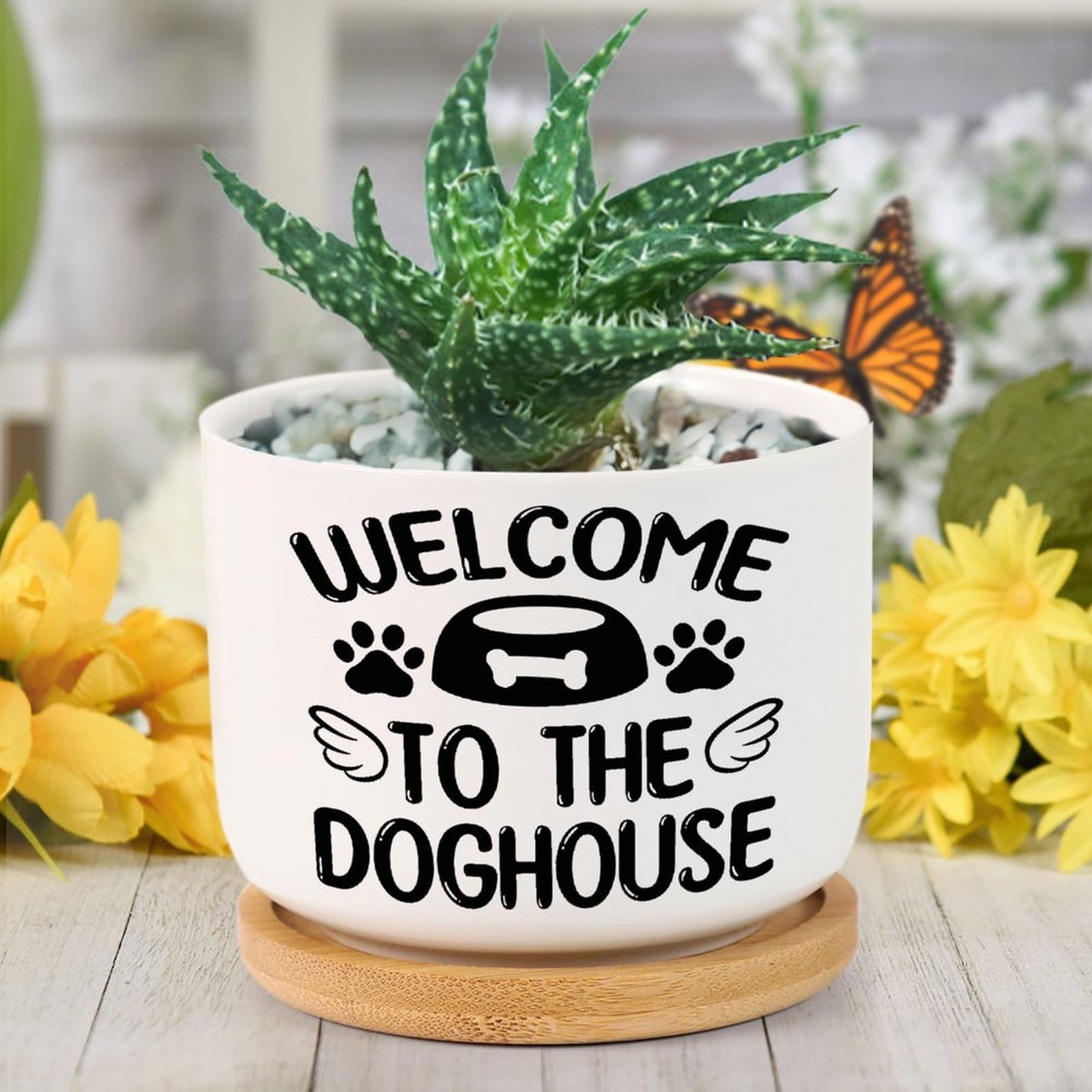 DreamAutumn Welcome to The Doghouse Planter Ceramic Round Plant Pots with Drainage Holes and Bamboo Tray Planting Small Flower Pots for Home