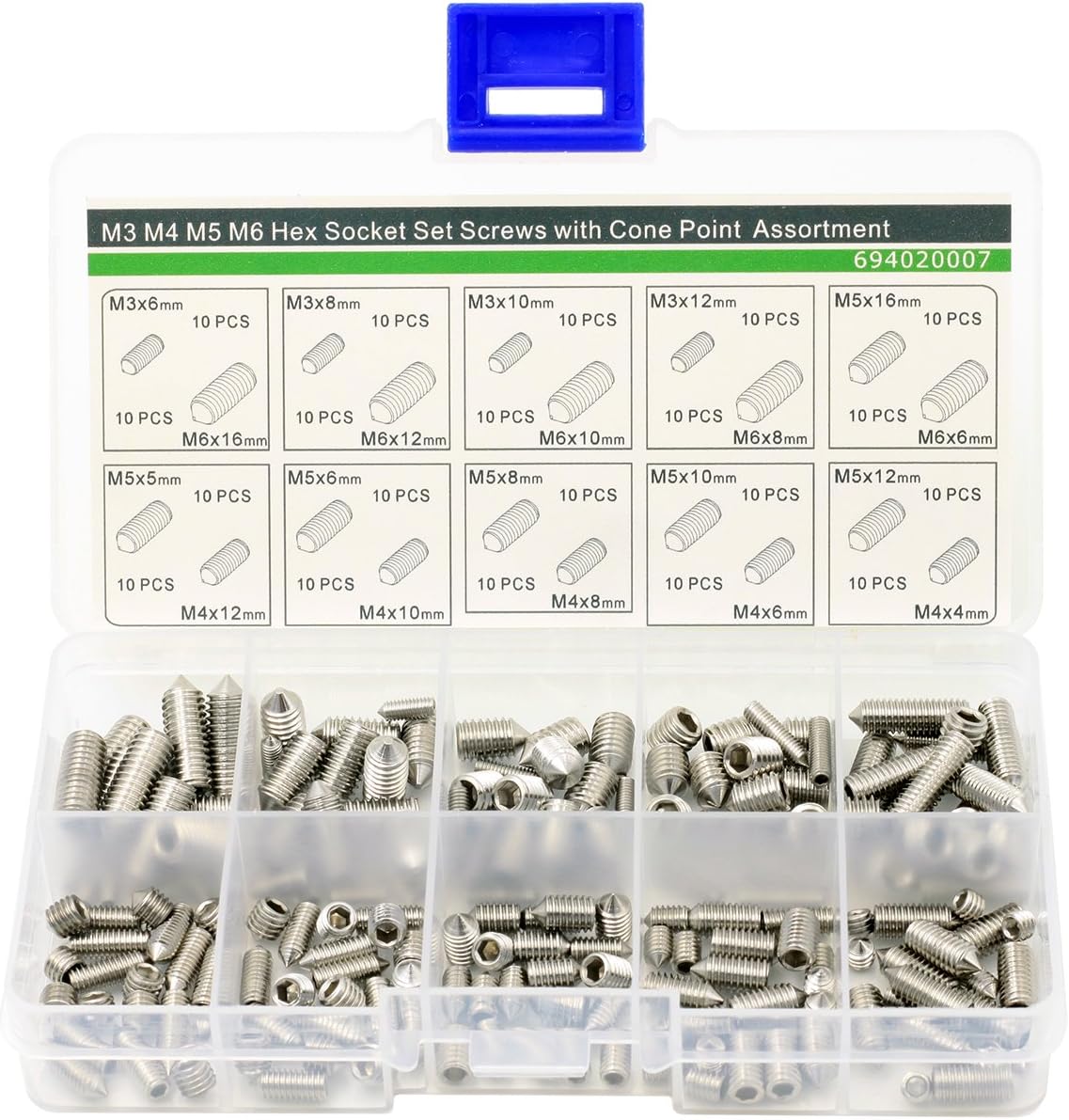 Hex Socket Set Screws with Cone Piont Assortment Kit,Stainless Steel,200 Pieces