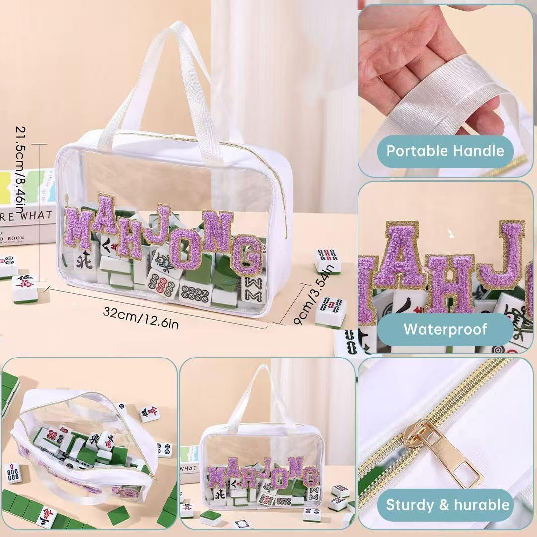 Empty Mahjong Tile Bag，Clear Mahjong Case With Zippered & Letters for American Mah jong Set，Mah Jongg Accessories，Waterproof Carrying Organizer Portable tote Mahjong bag for Women Men ，Case Only