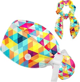 FVQL 2 Pieces Surgical Cap for Long Hair Scrub Cap with Hairband Nurse Cap, Geometric Colorful Pattern