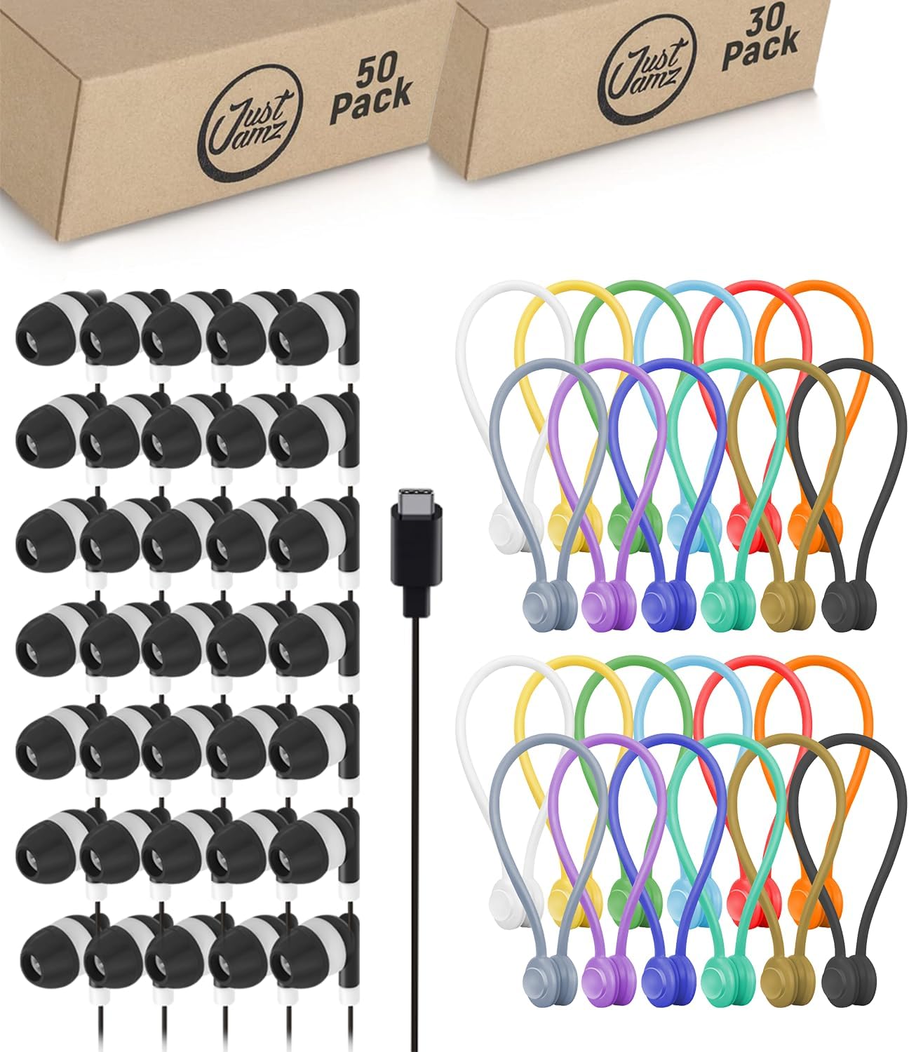 USB-C Wired Earbuds 50 Pack + Magnetic Cable Ties 30 Pack – Type C Headphones with 3.5ft Cord and Reusable Magnetic Cable Organizers – Bulk Earbuds and Cord Management Set for Schools, Offices, and Tr