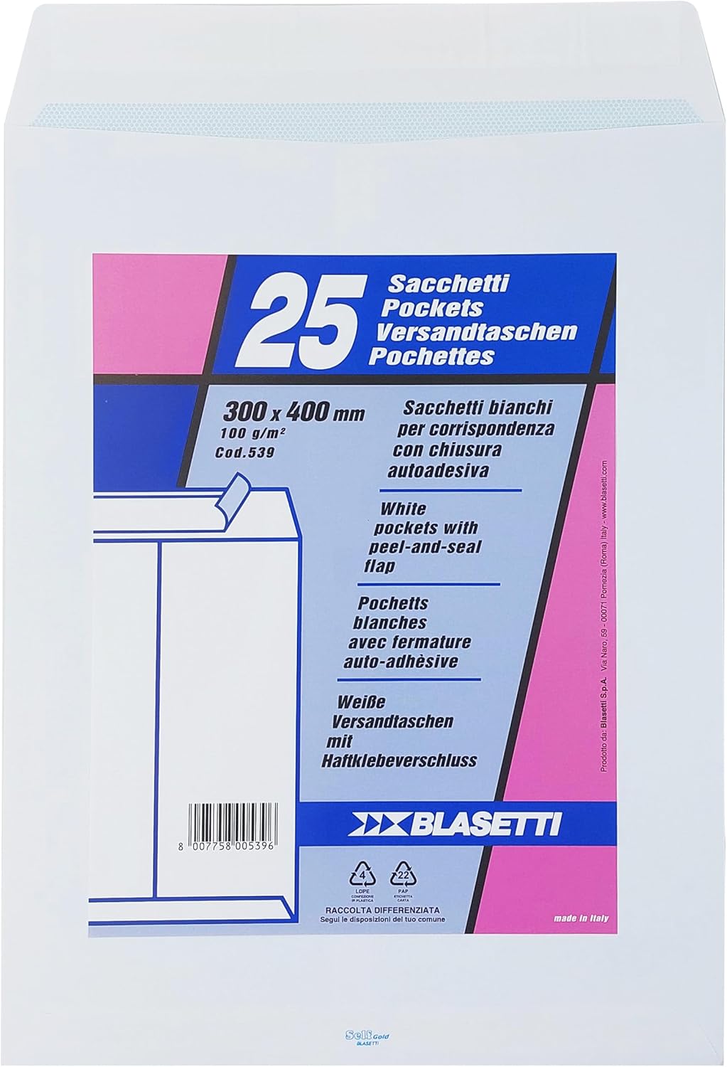 BLASETTI - 25 Buste A SACCO Bianco 300X400MM 100GR C/Strip S
