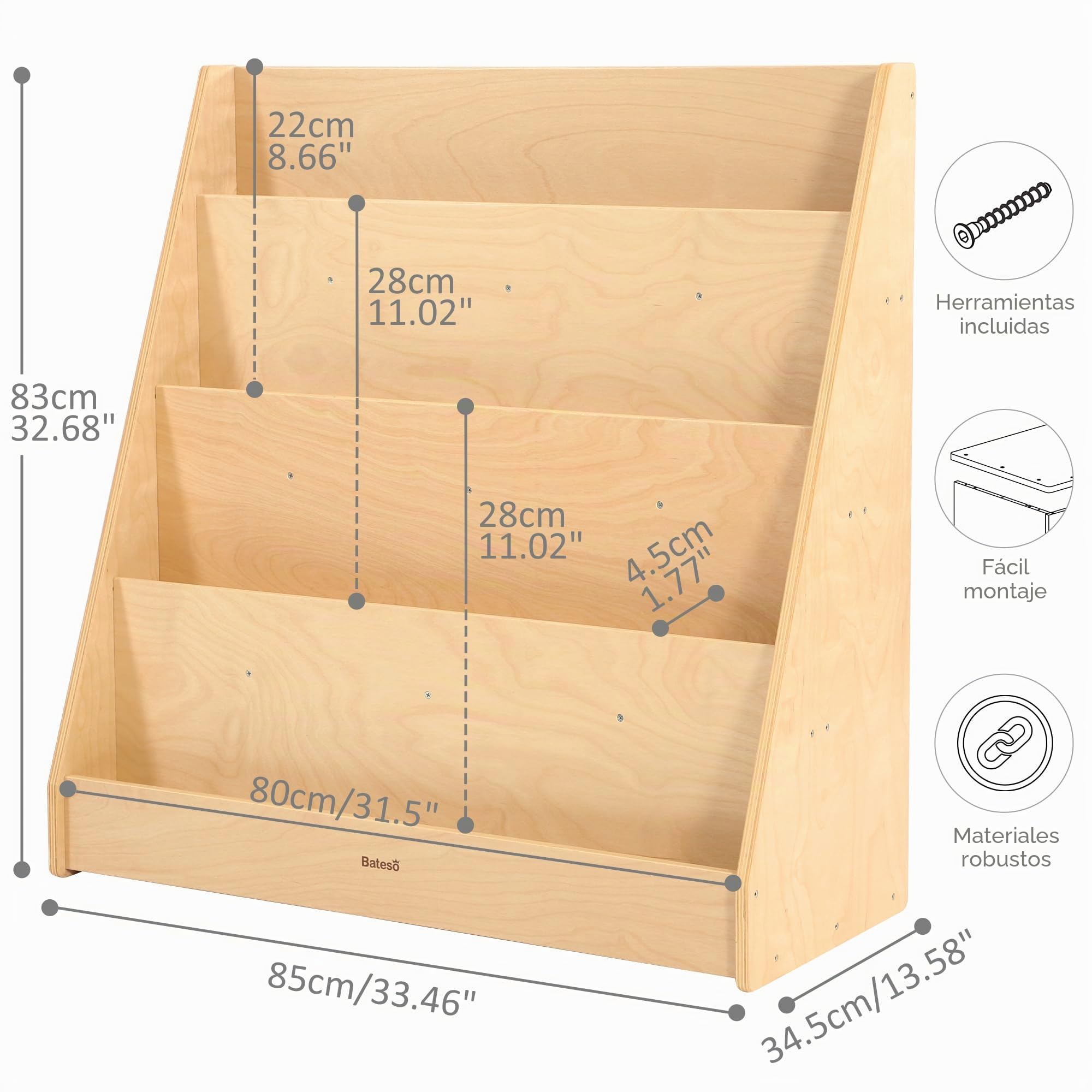Bateso Estantería Infantil de una Cara, estantería de Madera para Libros de 4 Niveles, Soporte para revistas, Ideal para dormitorios, Salas de Juegos, oficinas, Salones, guarderías y aulas.