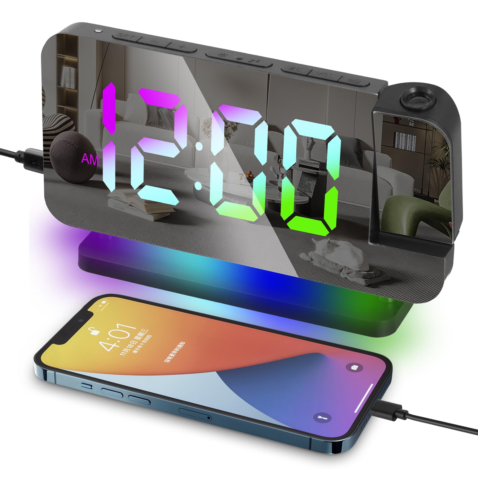 Sveglia di Proiezione, Orologio Digitale con Proiettore Proiettore Rotante a 180°, Display Digitale 11 Colori, Luce Notturna RGB a 10 Colori, Dimmerabile, Volume, Snooze, per Camera da Letto
