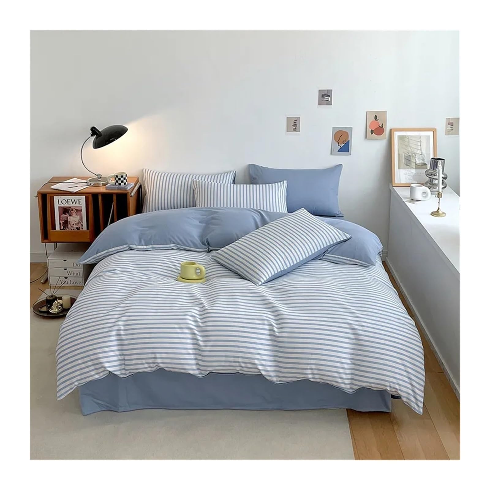 Housse de couette simple coton rayures bleues ensemble de literie 4 pièces