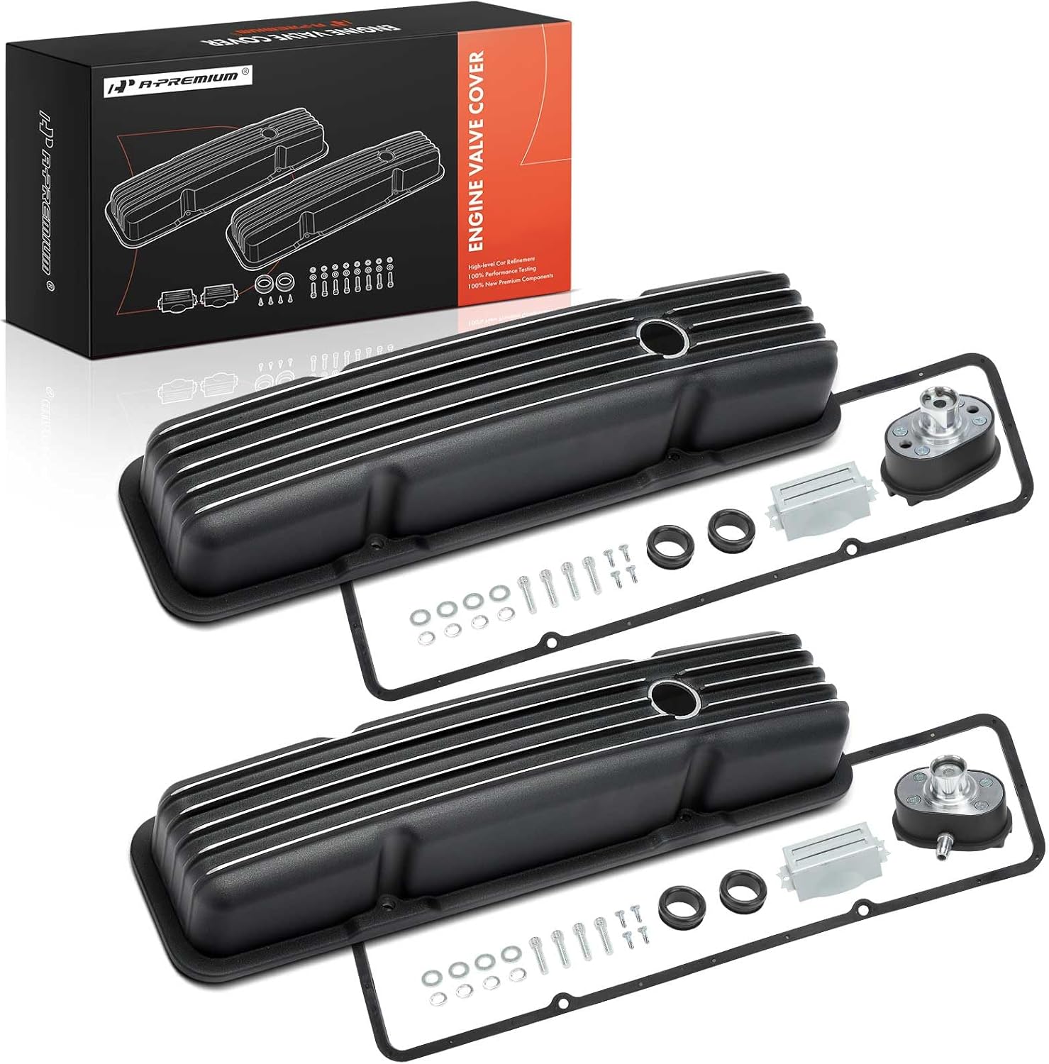 A-Premium Left and Right Bank Side Aluminum Engine Valve Cover with Valve Cover Gasket and Breather Cap Compatible with Chevy 283-400 1958-1986 Small Block Engine Valve Cover