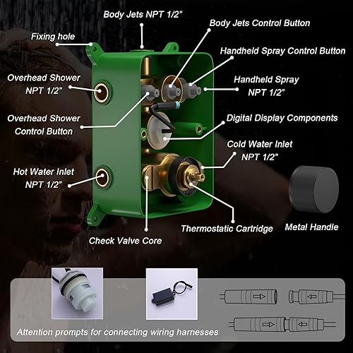 Miniatura 10 de Sistema de ducha termostático dorado cepillado, juego de grifo de ducha LED de lluvia de 12 pulgadas, sistema de cabezal de ducha de cuerpo completo