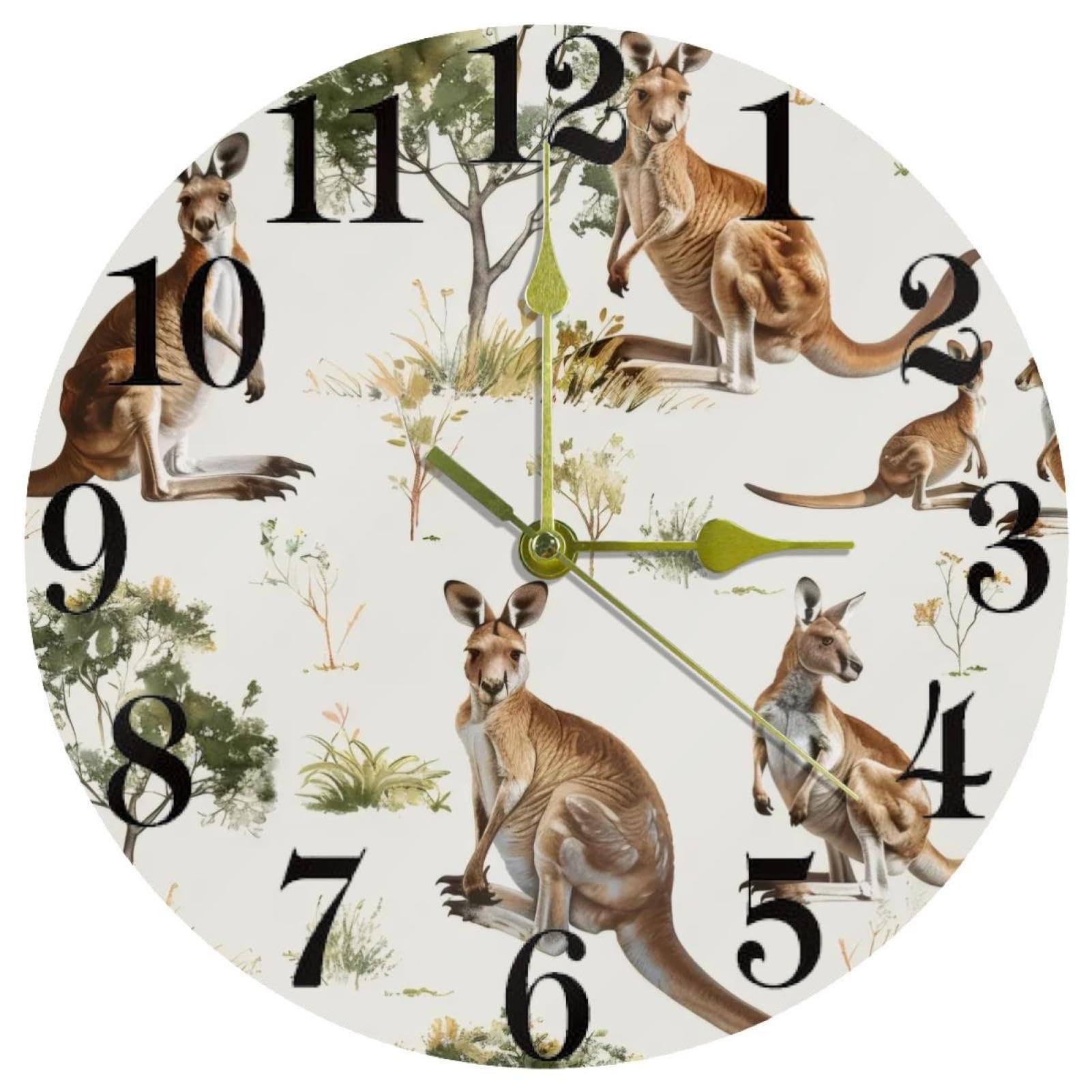 Horloge murale arbre de kangourou ronde en quartz pour salon et cuisine