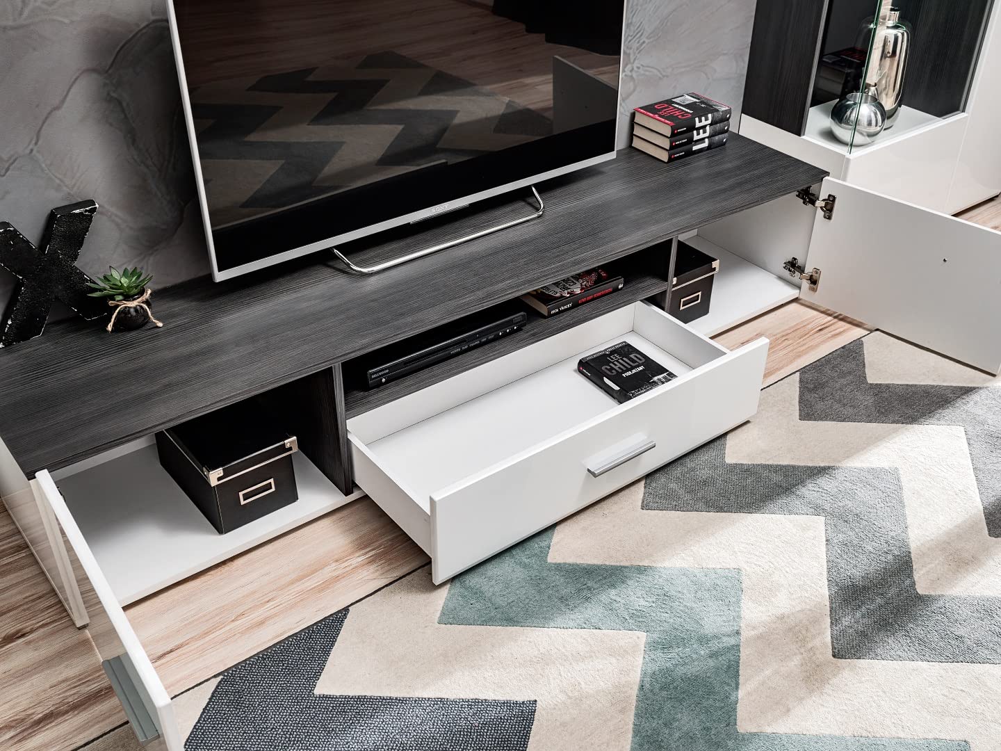 Generisch Wohnwand SOLIDO Twin Wohnzimmerset TV Wand Weiß Hochglanz Anbauwand Wohnzimmer Fernsehwand
