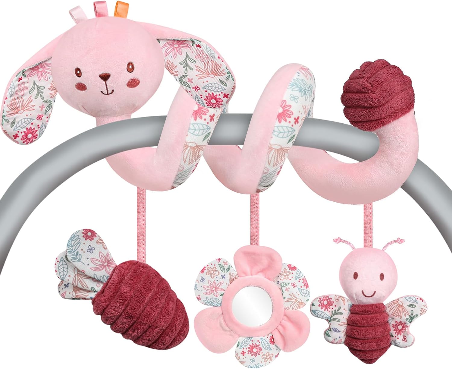 USATDD Car Seat Toys for Babies, Spiral Hanging Toys Stroller Activity Toys, Pink Sensory Baby Plush Carseat Toys Baby Toys Newborn Essentials for 0 3 6 12 Months