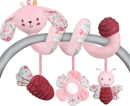 USATDD Car Seat Toys for Babies, Spiral Hanging Toys Stroller Activity Toys, Pink Sensory Baby Plush Carseat Toys Baby Toys Newborn Essentials for 0 3 6 12 Months