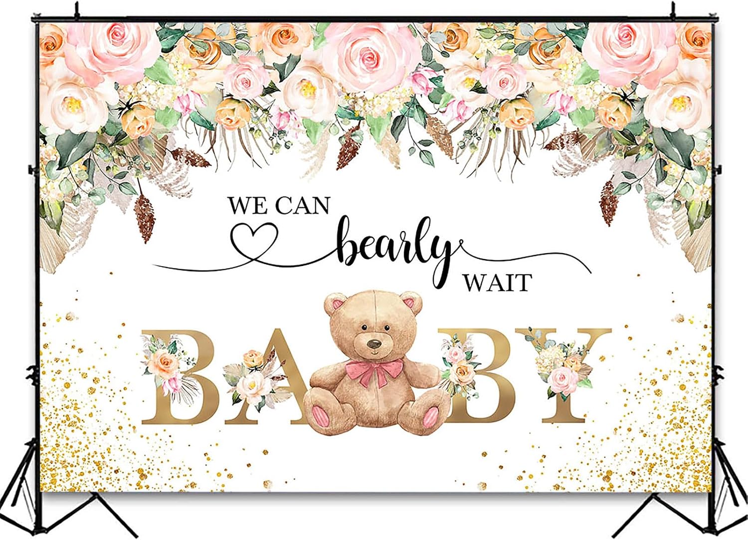 Avezano Bear Baby Shower Backdrop for Girl We can Bearly Wait Photography Background Pink Floral Lovely Bear Baby Shower Backdrops Decorations Photo Booth Props (10x6.5ft)